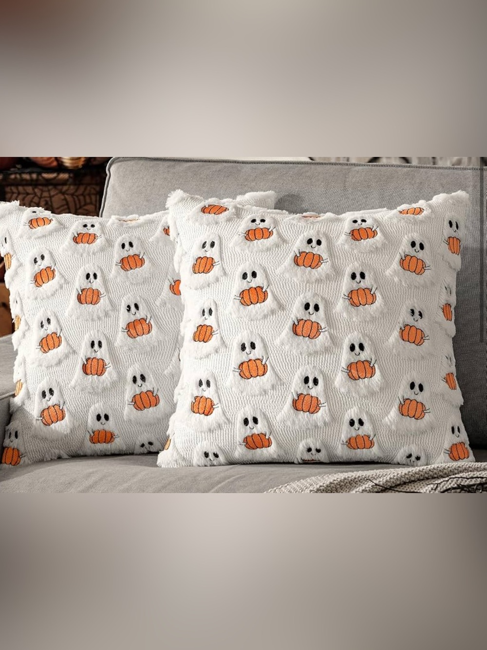 Set of 2 White Halloween Ghost & Pumpkin Decorative Throw Pillow Covers
